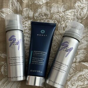 Monat travel size dry, texturing spray and advanced hydrating in shower masque